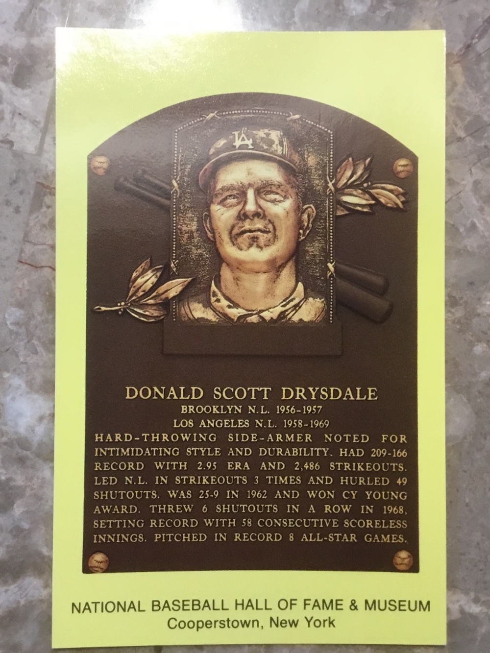 Don Drysdale Hall of Fame Plaque Postcard Nice!